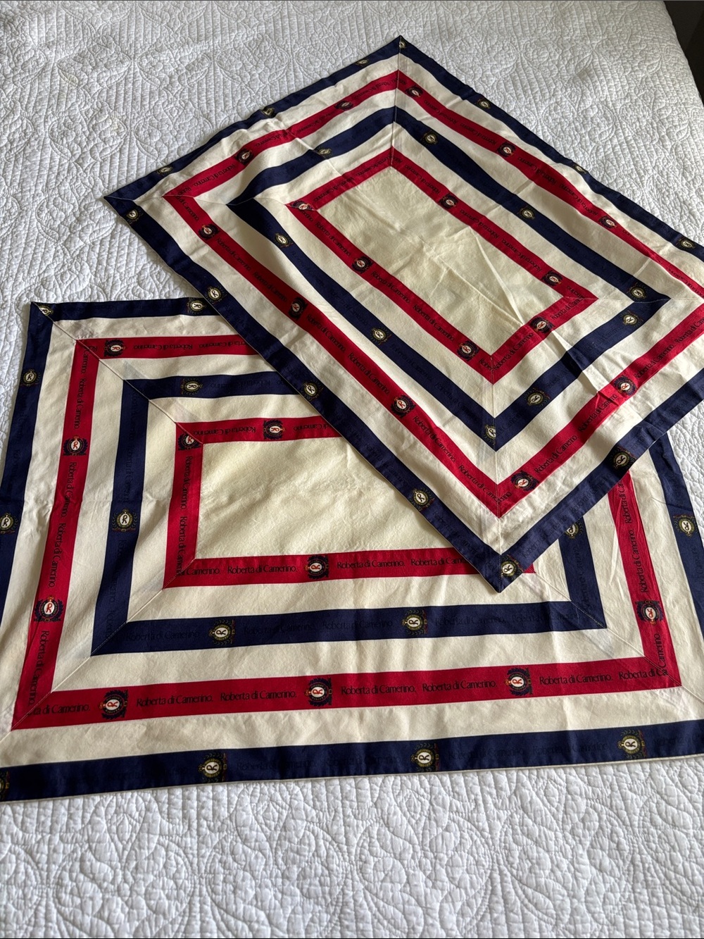 Vintage Roberta di Camerino Decorative Shams 2 Geo Striped Pattern R Logo Crest
